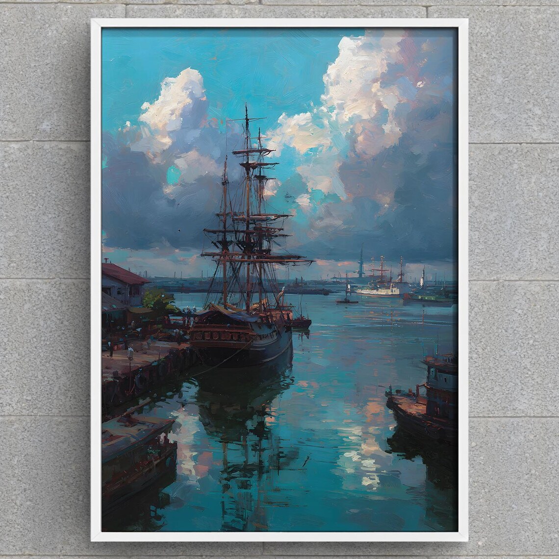 Historic Harbor Art Print Tall Ships Painting Waterfront Cityscape Nautical Wall Maritime Home Decor