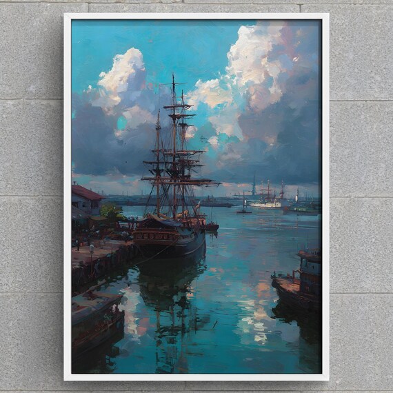 Historic Harbor Art Print Tall Ships Painting Waterfront Cityscape Nautical Wall Maritime Home Decor