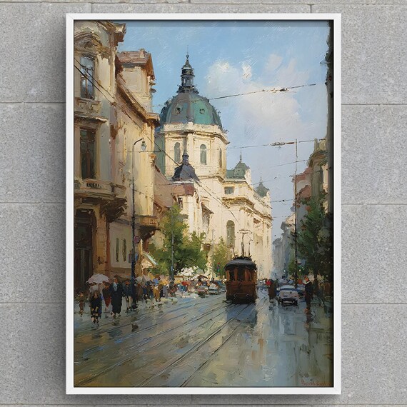 Bucharest City Art Print Romania Street Scene Painting European Wall Historic Cityscape Tram Architecture