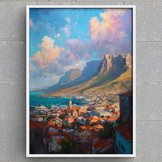 Cape Town South Africa Art Print Table Mountain Cityscape Scenic Harbor Wall Decor African Travel Oil Painting Style