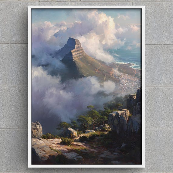 Cape Town South Africa Table Mountain Art Print Misty Coastal Cityscape Painting African Landscape Instant