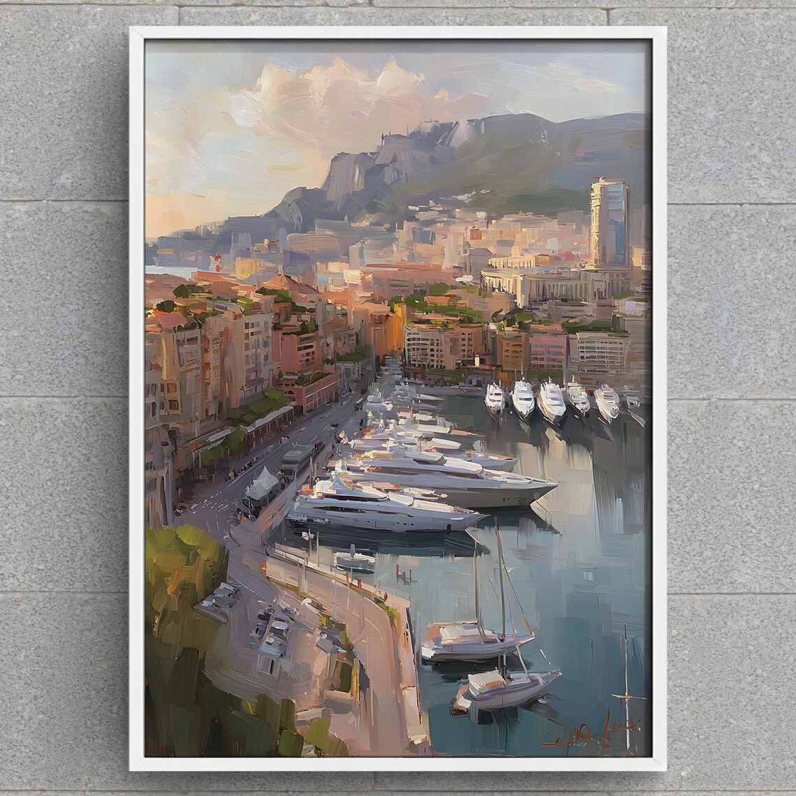 Mediterranean Harbor Yachts Marina Painting Mountain Coast Travel Art Print