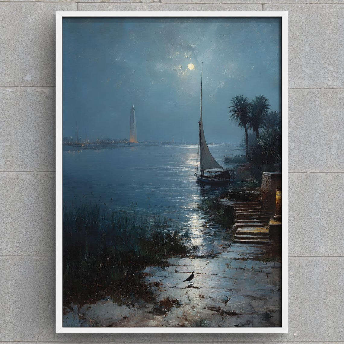 Nile River Moonlight Felucca Obelisk Palms Night Landscape Poster