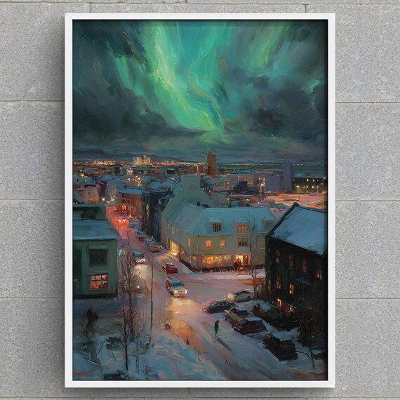 Iceland Northern Lights Art Print Reykjavik Cityscape Wall Decor Aurora Borealis Painting Instant Nature Home