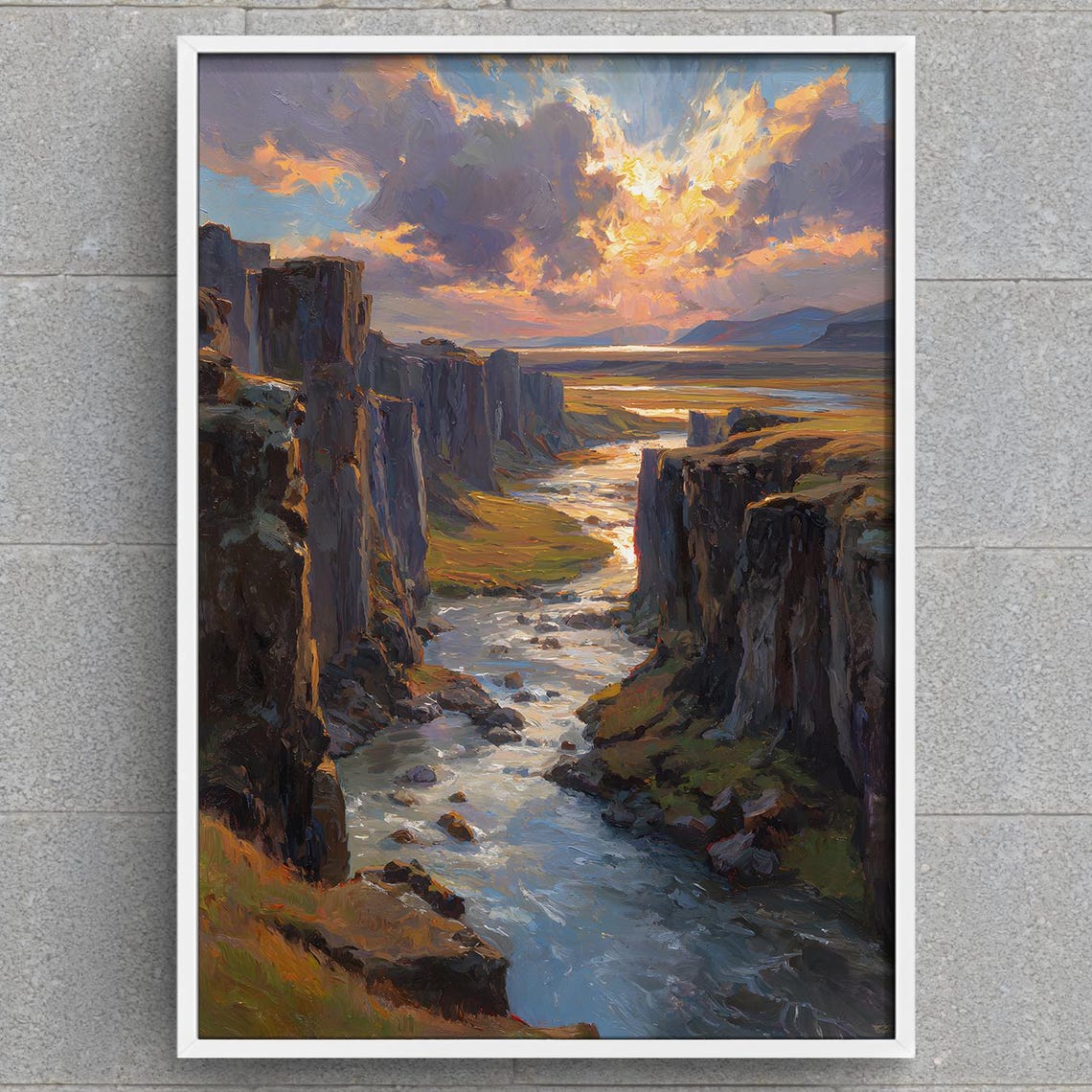 Sunset River Gorge Dramatic Basalt Canyon Oil Painting Poster
