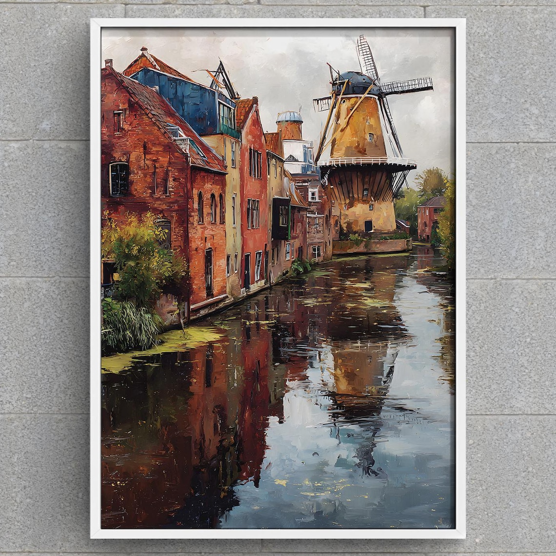 Holland Windmill Canal Brick Houses Oil Painting Netherlands Poster