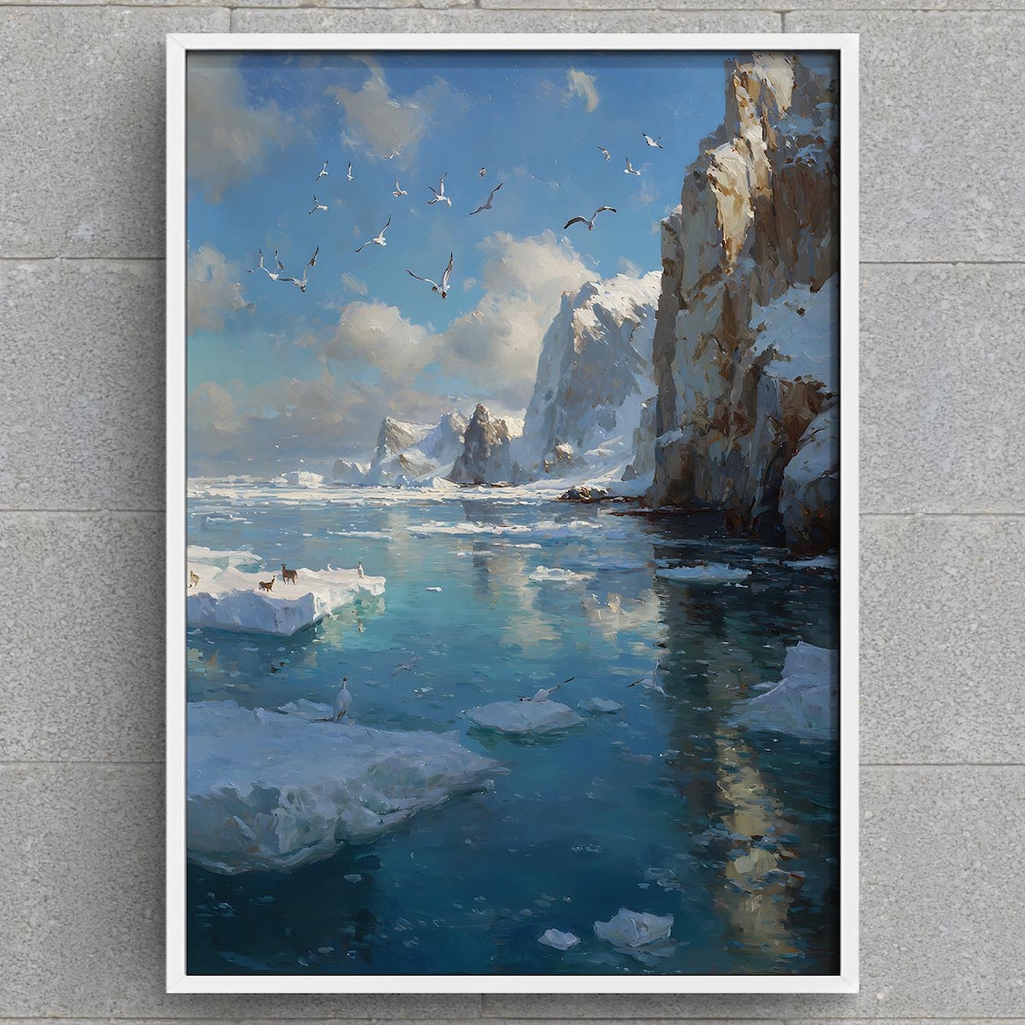 Arctic Iceberg Coastline Seabirds Oil Painting Polar Landscape Poster