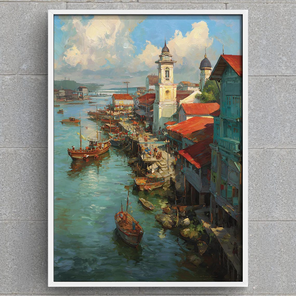 Tropical Coastal Harbor Boats Clock Tower Vintage Painting Poster