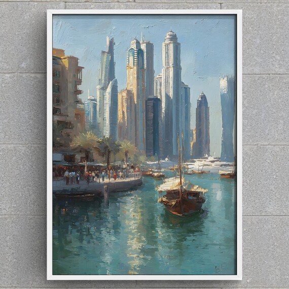Dubai Marina Art Print Modern Cityscape Painting Uae Travel Wall Luxury Urban Decor Dhow Boat View