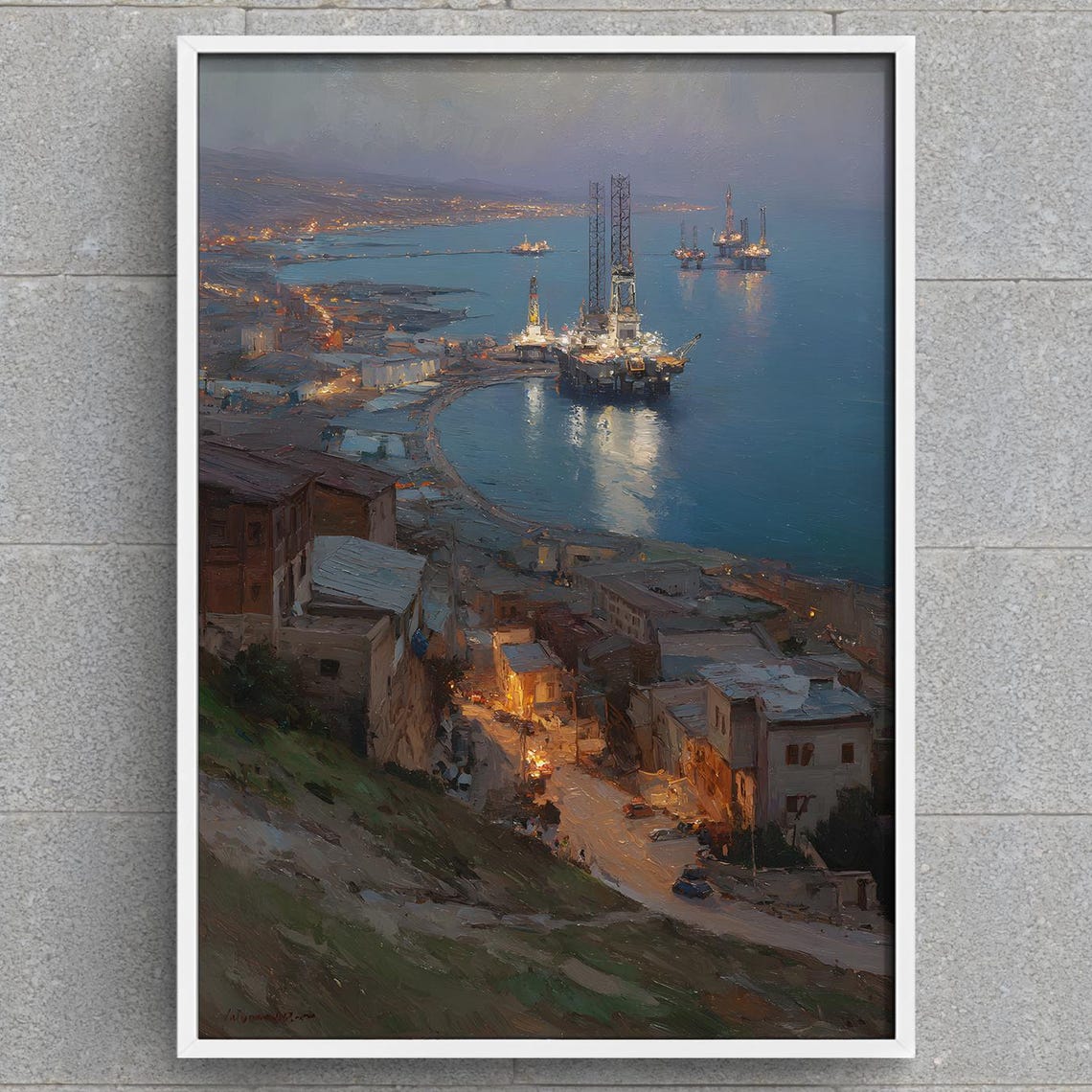 Baku Azerbaijan Oil Rigs Art Print Caspian Sea Night Cityscape Industrial Port Painting Wall
