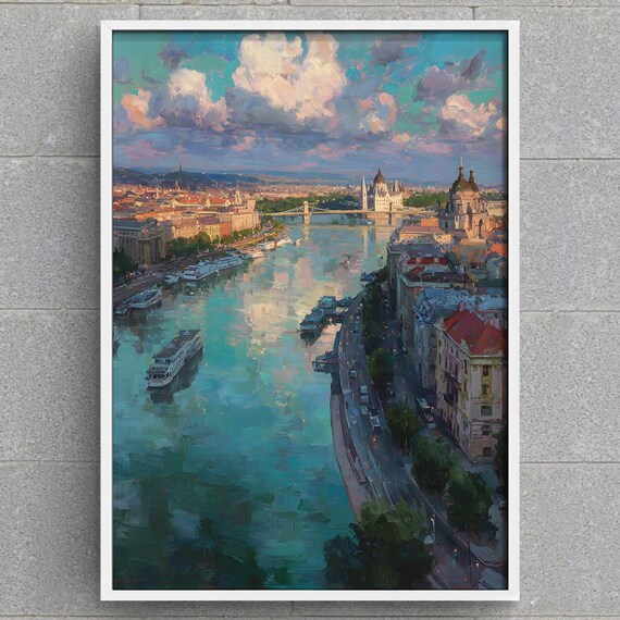 Budapest Danube River Art Print Hungary Cityscape Wall Decor Parliament Bridges Instant European Travel
