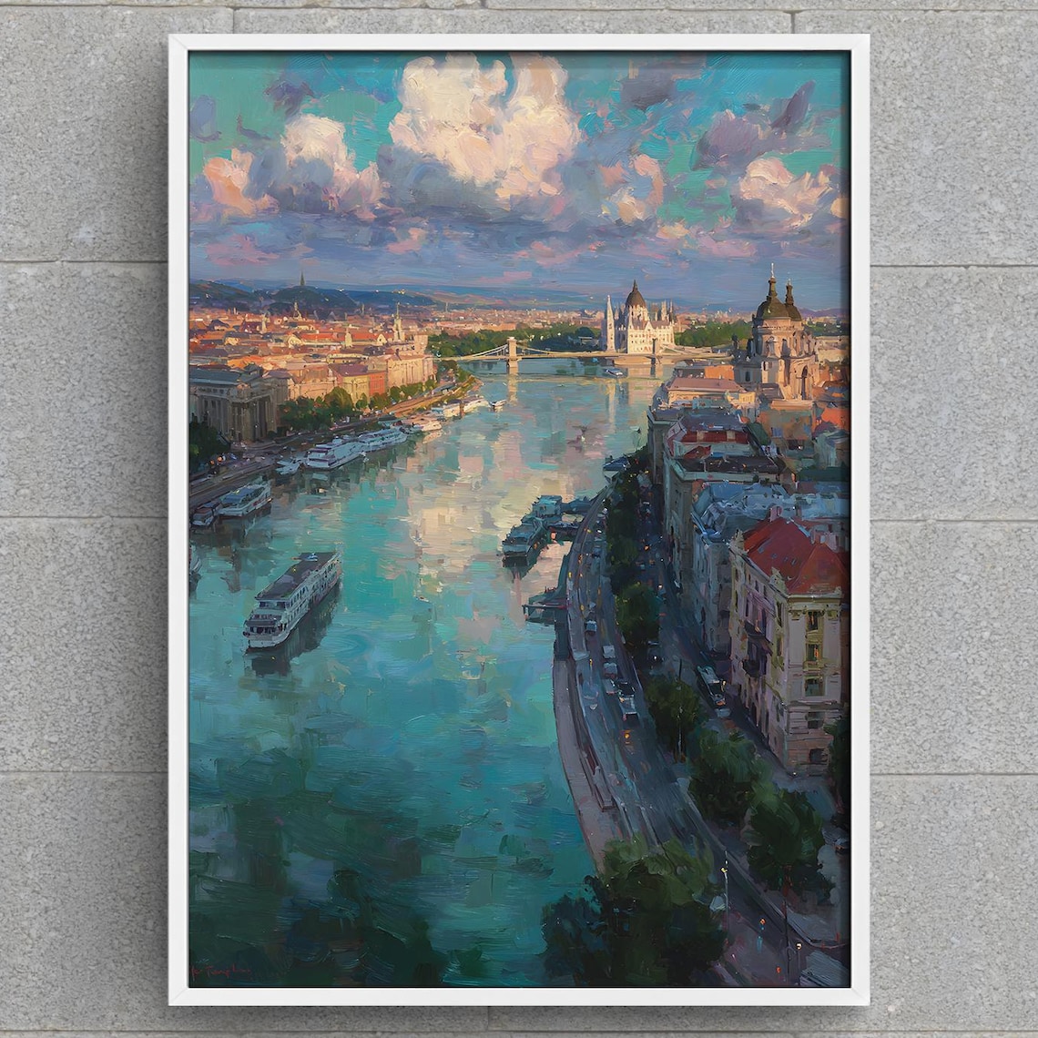 Budapest Danube River Sunset Parliament Building Boats Painting Poster