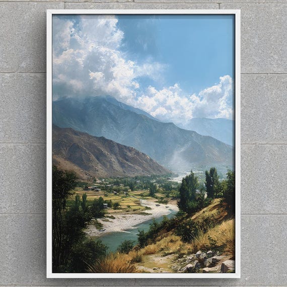 Pakistan Mountain Valley Art Print Scenic River Landscape Painting North Wall Asian Nature Decor