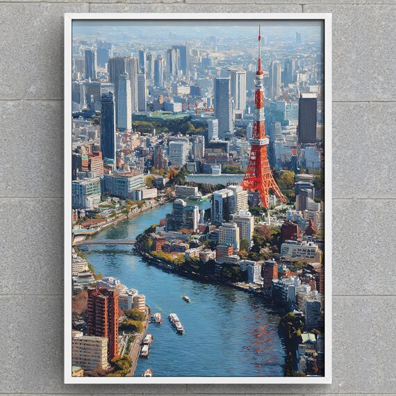 Tokyo Cityscape Painting With Tokyo Tower River Skyline Japan Print