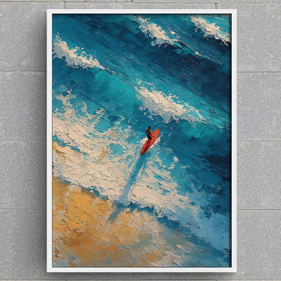 Aerial Ocean Surfer Turquoise Wave Impasto Oil Painting Poster