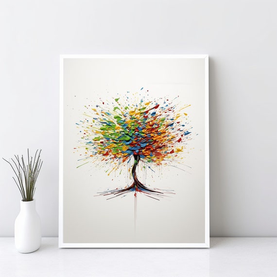Colorful Tree Painting Beautiful Relaxing Vibe Heavy Texture Original Art Modern Style Splatter Wall Emotional Jpg Sg43