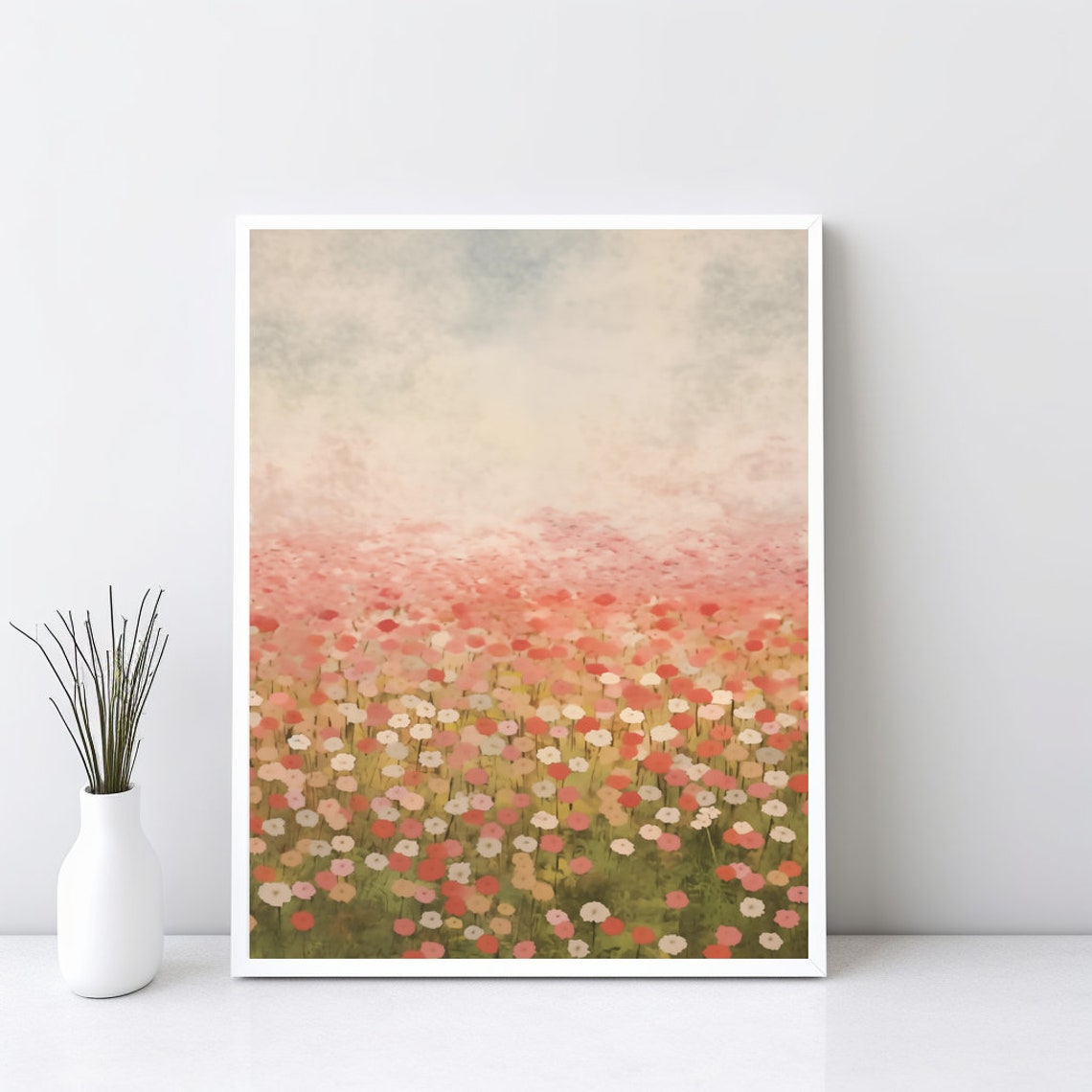 Pink Wildflower Meadow Field Soft Pastel Impressionist Art Poster