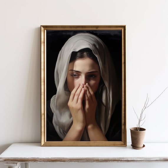 Woman in White Veil Praying Classical Religious Portrait Art Poster