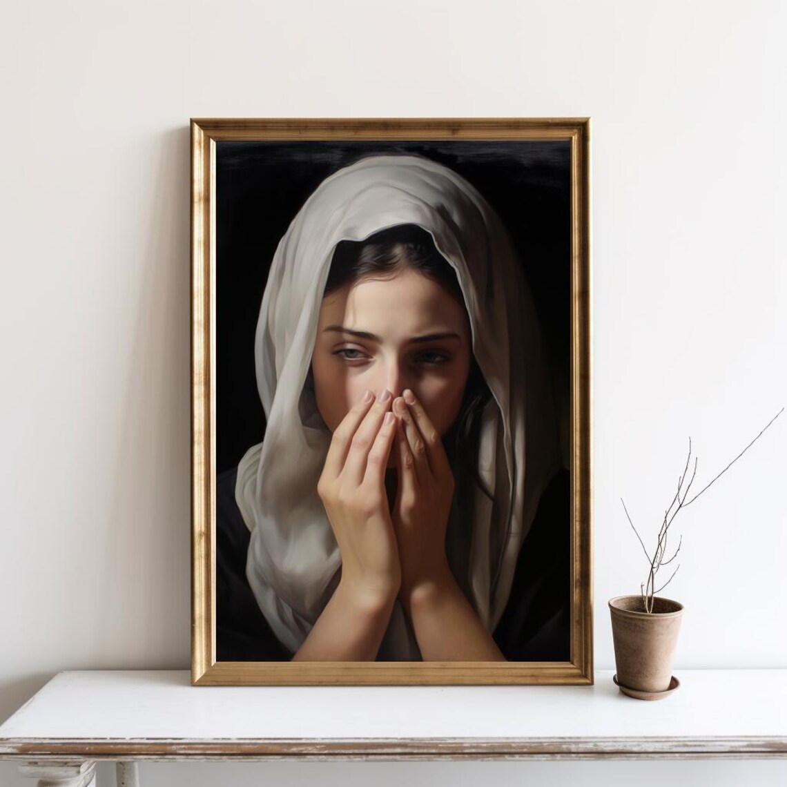 Woman in White Veil Praying Classical Religious Portrait Art Poster
