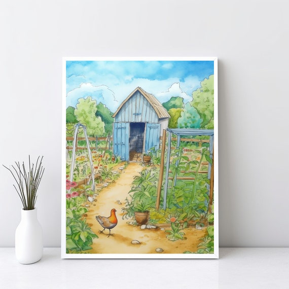 Watercolor Farmhouse Wall Art Greenhouse Garden Poster Gardening Spring Print Gift Peaceful Botanical Chicken Coop Sg20