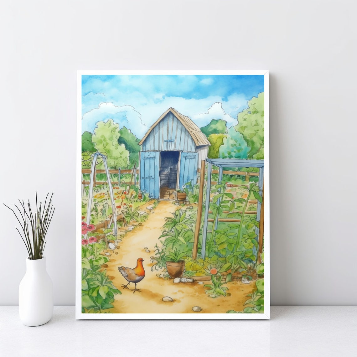 Watercolor Farmhouse Garden Blue Shed Chicken Cozy Spring Art Poster