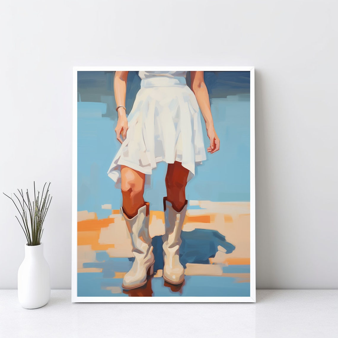 Cowgirl Wall Art Decor Retro Western Print Dorm Room Painting Trendy White Dress Cowboy Boots Jpg Sg47