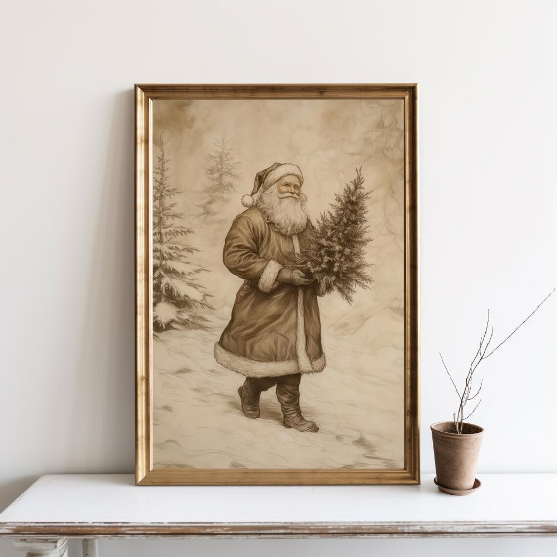 Vintage Christmas Santa Art Print, Neutral Holiday Decor