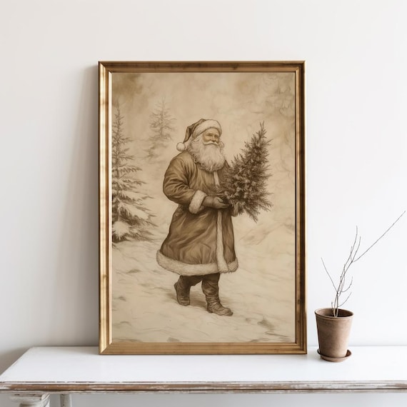 Vintage Christmas Santa Art Print, Neutral Holiday Decor