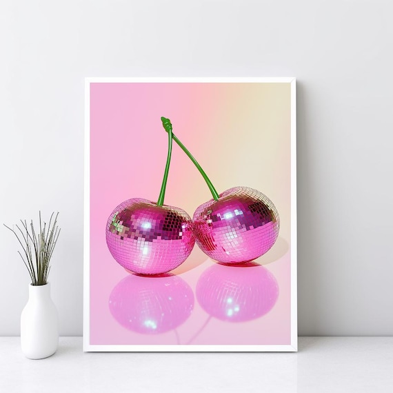 Pink Cherry Disco Ball Retro Funky Mirror Ball Fruit Wall Art
