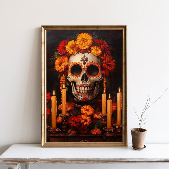 Dia De Los Muertos Art Print Mexican Ofrenda Mexico Day Of The Dead Altar Painted Skull Marigold Flowers Dark Gothic Folklore Sg173