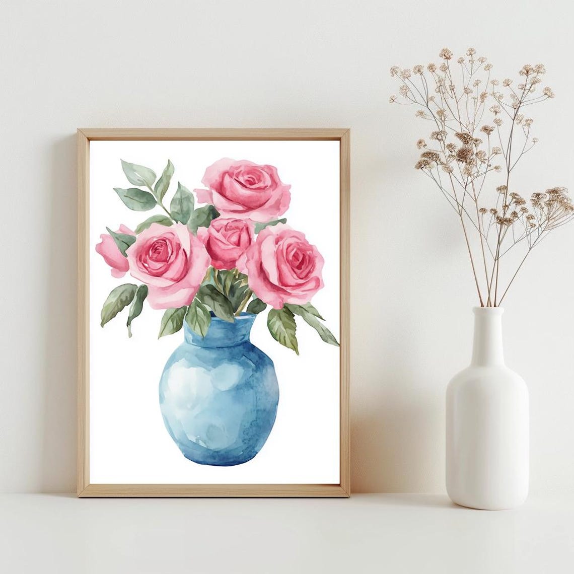Pink Roses in Blue Vase Watercolor Floral Still Life Wall Art