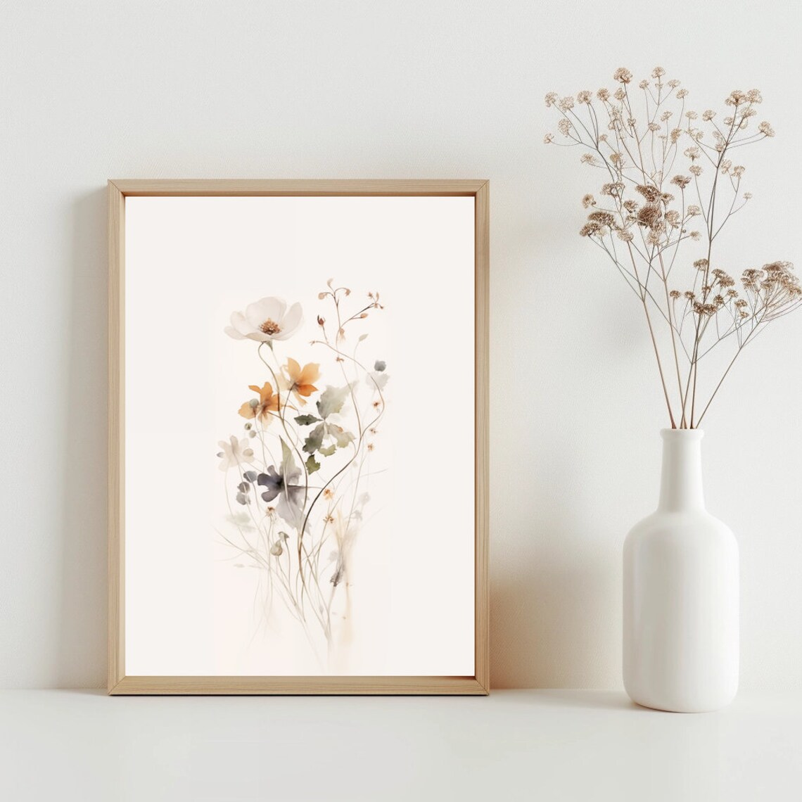 Delicate Watercolor Wildflowers Botanical Line Art Floral Poster