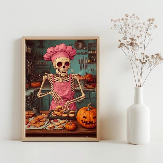 Baking Skeleton Chef In Pink Poster Trendy Halloween Print Funny Wall Art Sg233