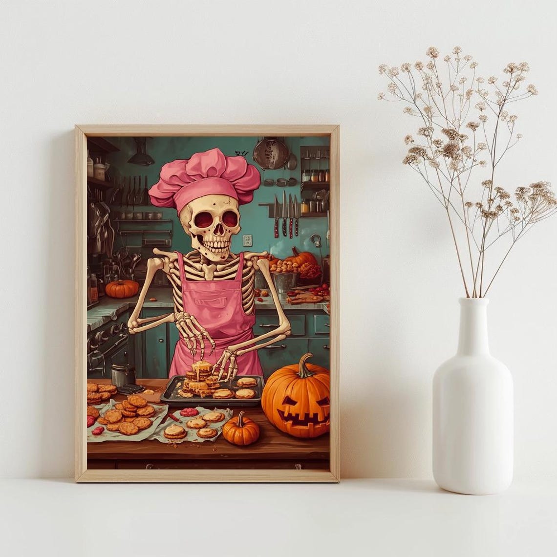Baking Skeleton Chef In Pink Poster Trendy Halloween Print Funny Wall Art Sg233
