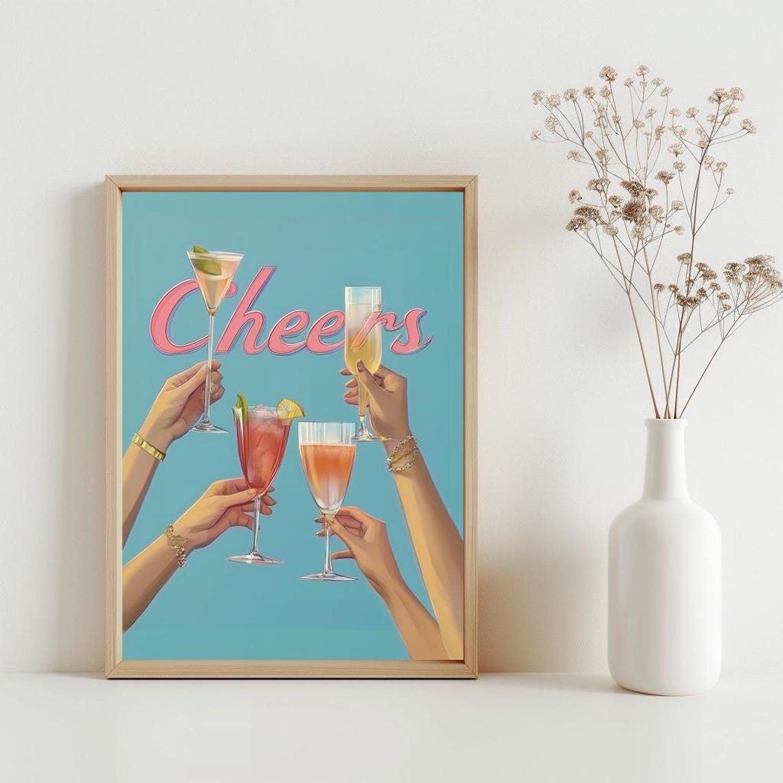 Cheers Retro Cocktail Toast Blue Bar Cart Party Decor Poster