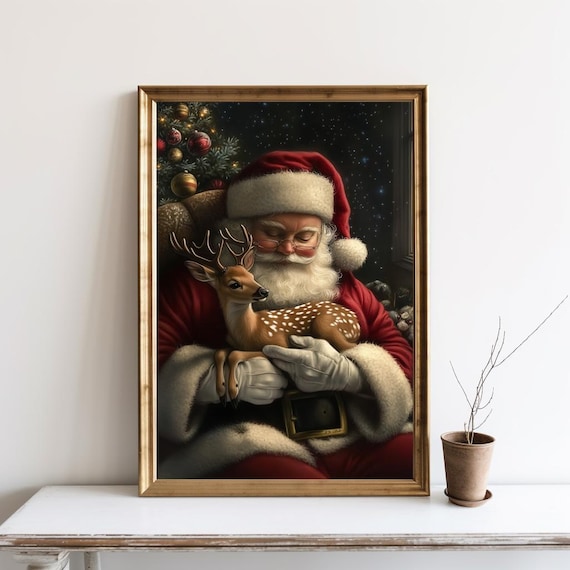 Vintage Santa Claus Holding Baby Reindeer Christmas Night Oil Painting Poster