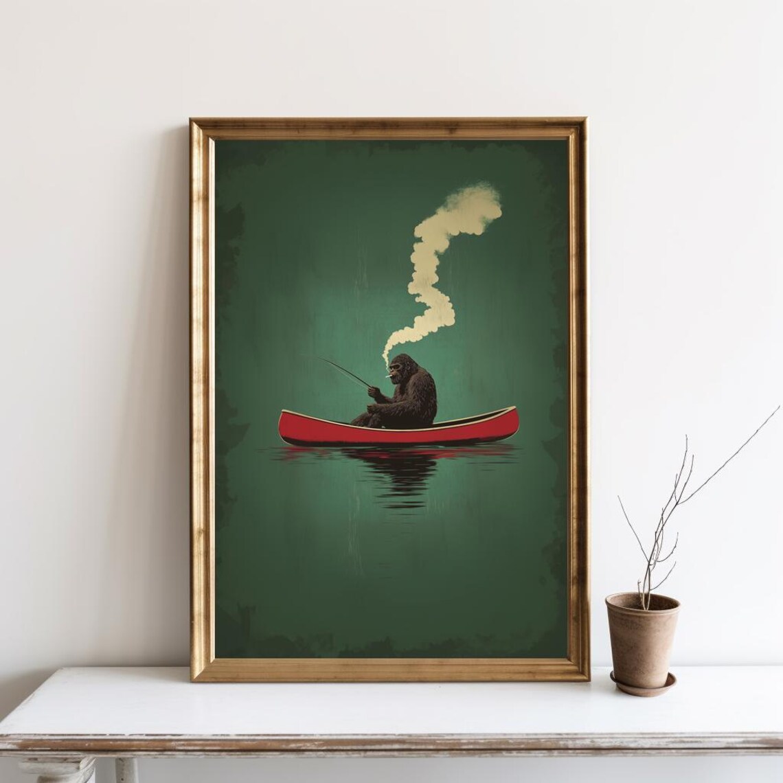 Bigfoot on a Red Canoe Retro Lake House Art Print