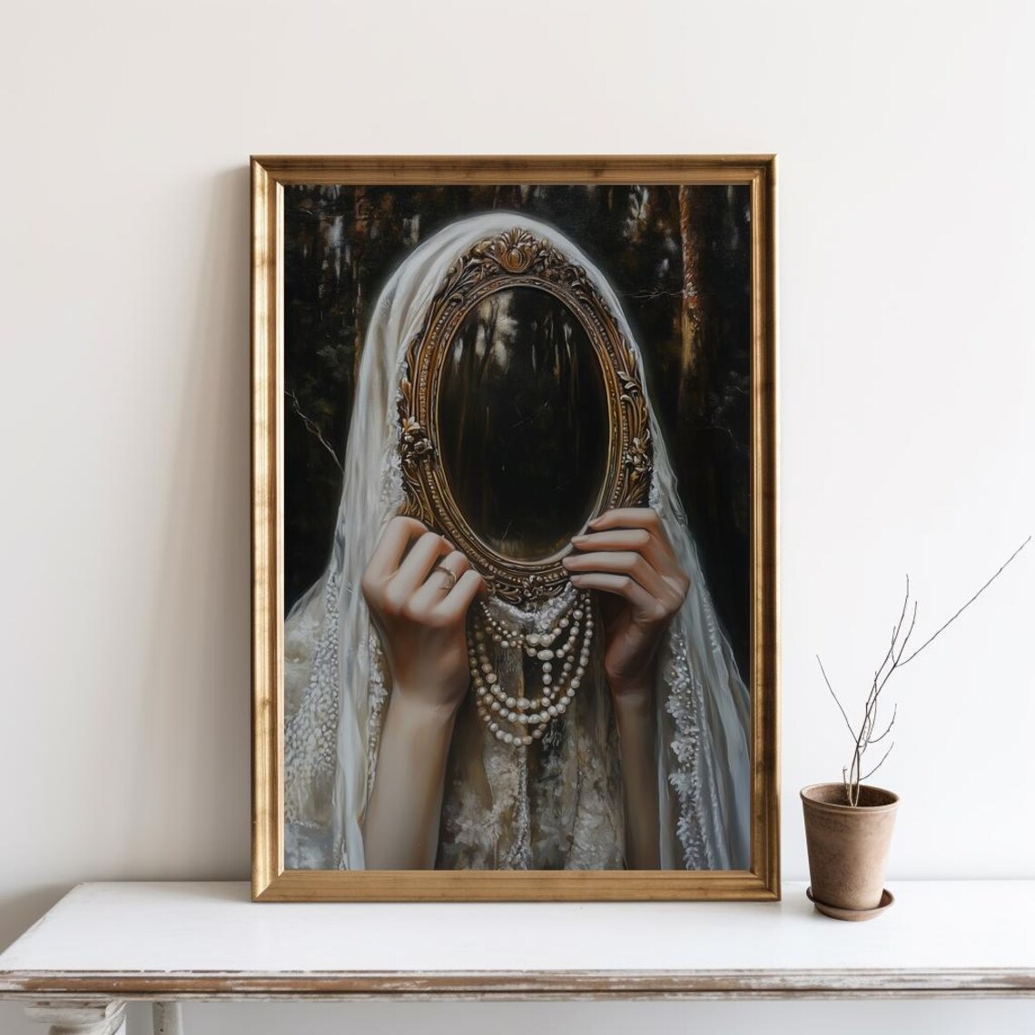 Victorian Mirror Wall Art Print, Moody Antique Woman