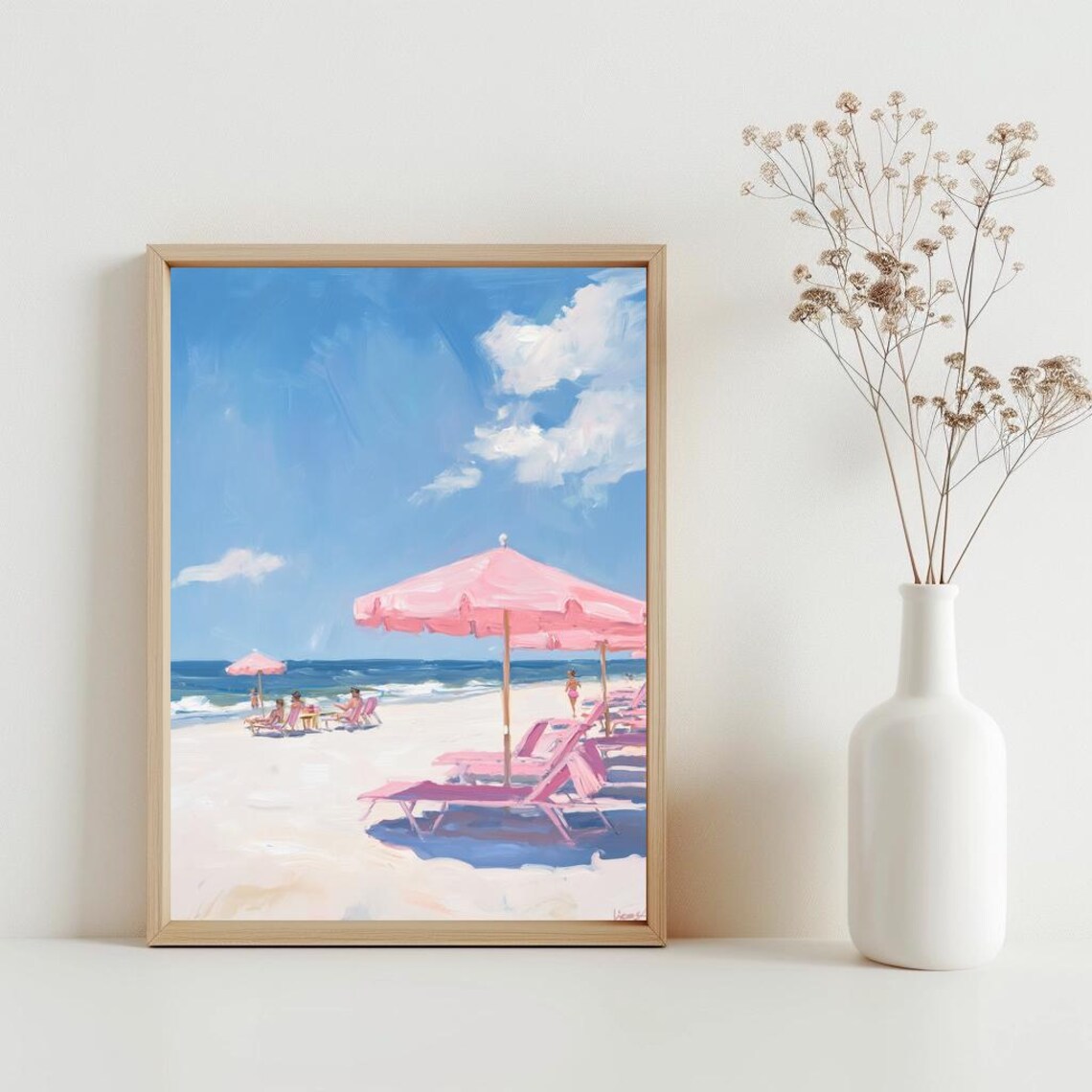 Retro Beach Abstract Painting, Pink Coastal Decor