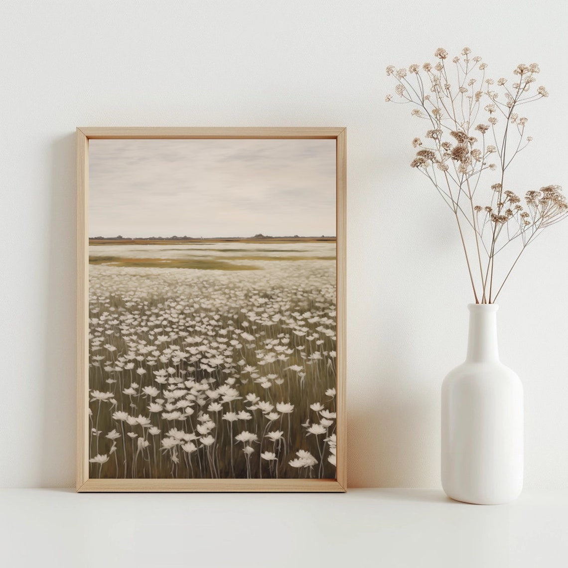 White Wildflower Meadow Vintage Landscape Country Field Poster