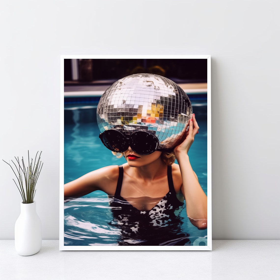 Woman With Disco Ball Head Poolside Retro Funky Party Art Poster