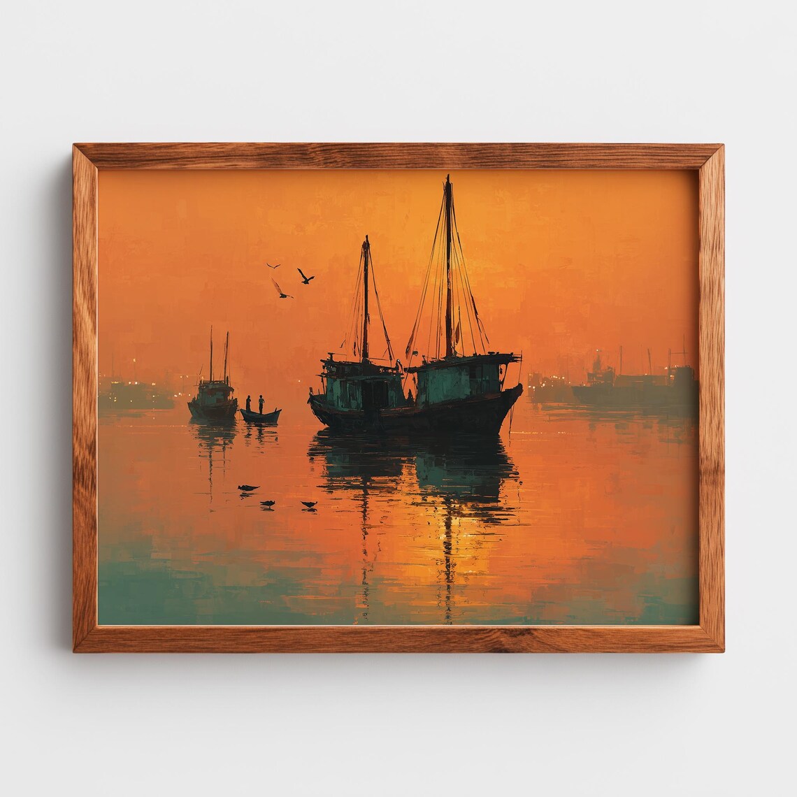 Fishing Boats Sunset Orange Seascape Silhouette Painting Wall Art