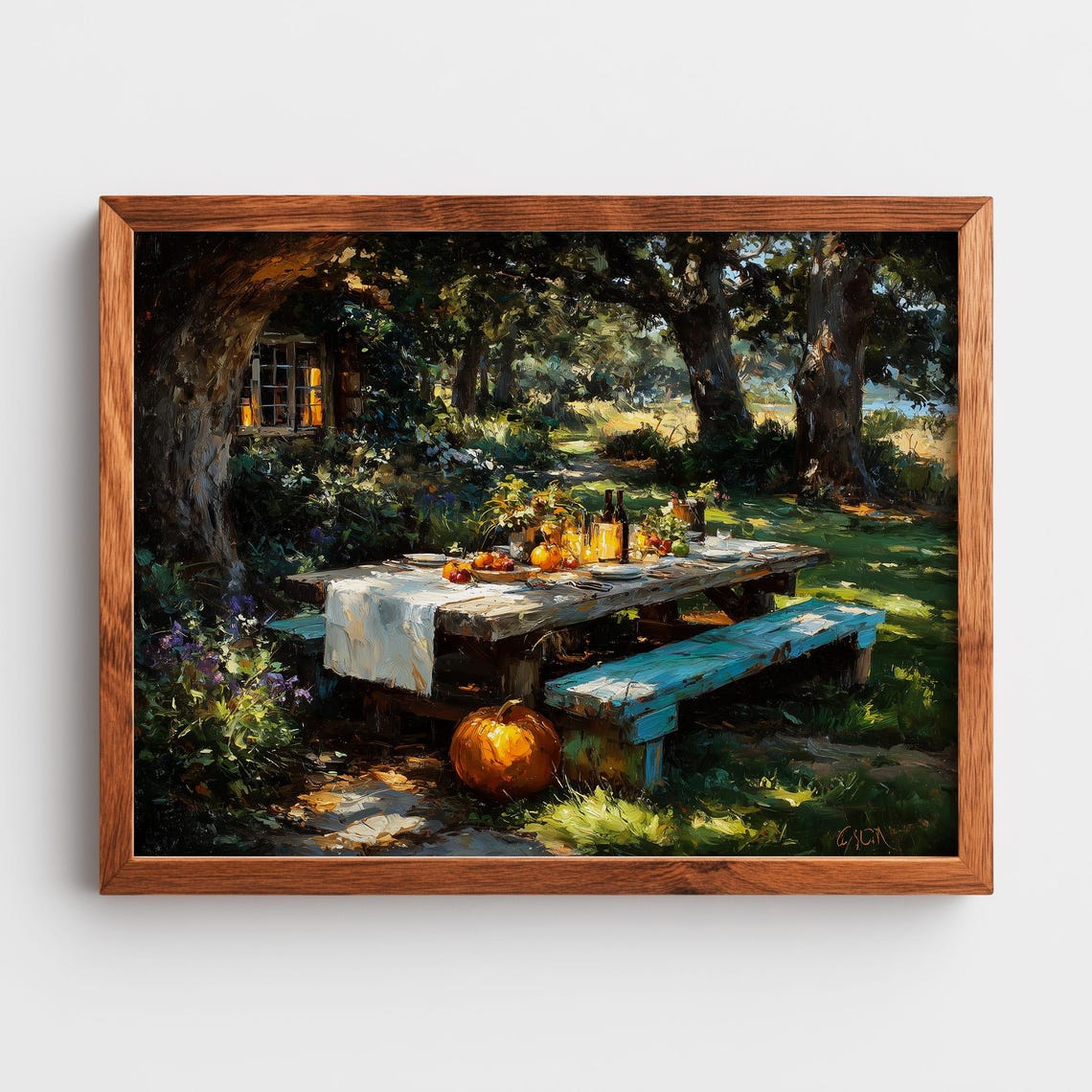 Rustic Harvest Picnic Table Poster Autumn Oak Trees Pumpkin Feast Art