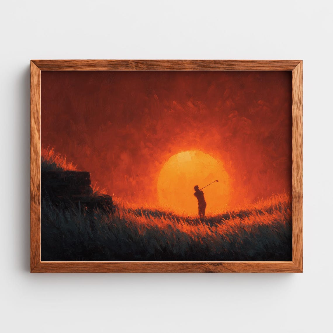 Golfer Silhouette Sunset Poster Fiery Orange Sky Tall Grass Sports Art