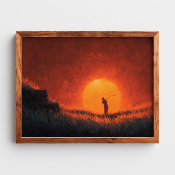 Moody Golfer Silhouette Against Dramatic Sunset Wall Art Earthy Warm Colors Atmospheric Decor Painting 282