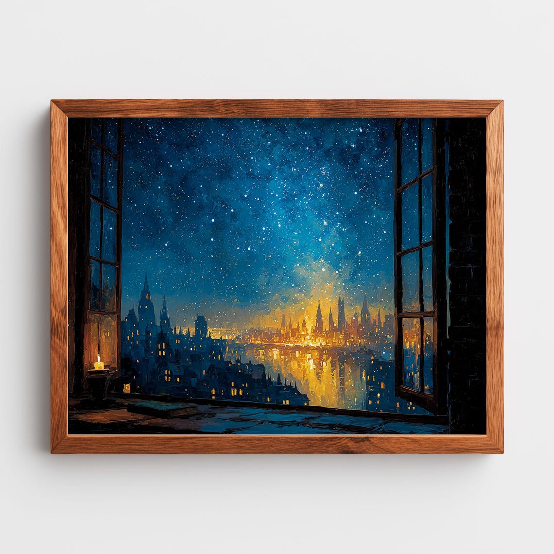 City Skyline Night View From Window Candle Starry Art Poster