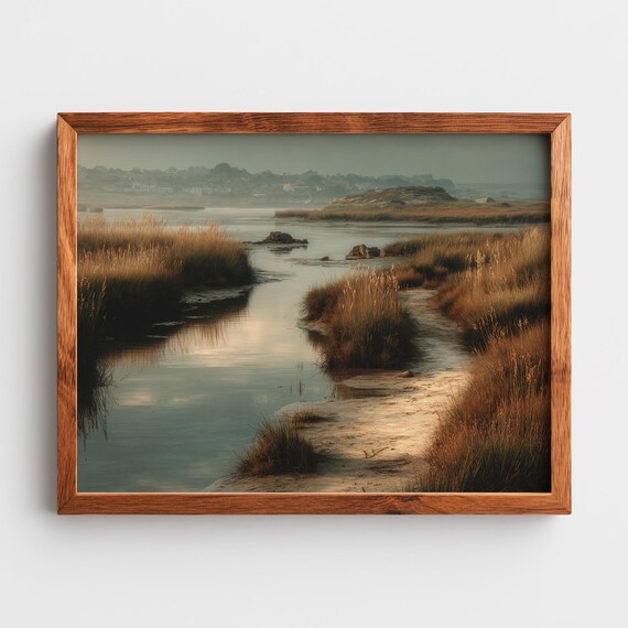 Golden Coastal Marshland Estuary Sunset Nature Scenery Art Poster