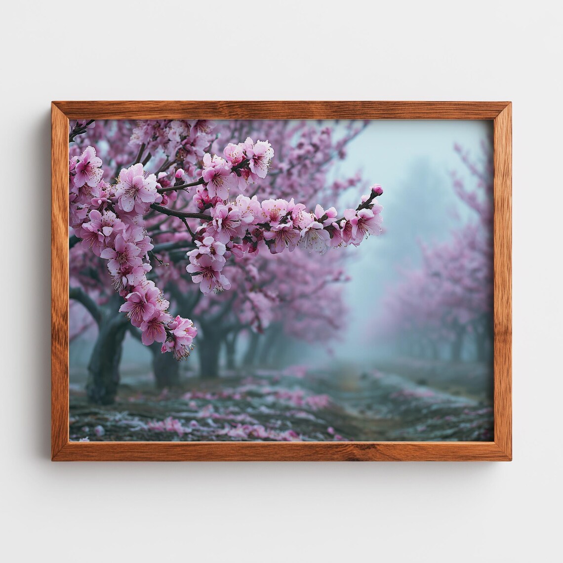 Pink Blossoming Fruit Trees Twilight Orchard Serene Floral Landscape Print