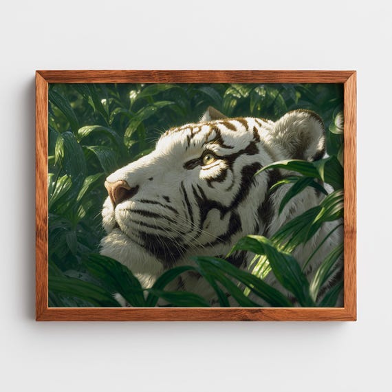 Majestic White Tiger In Emerald Jungle Wildlife Art Lush Greenery Decor Animal Wall Painting Print 15