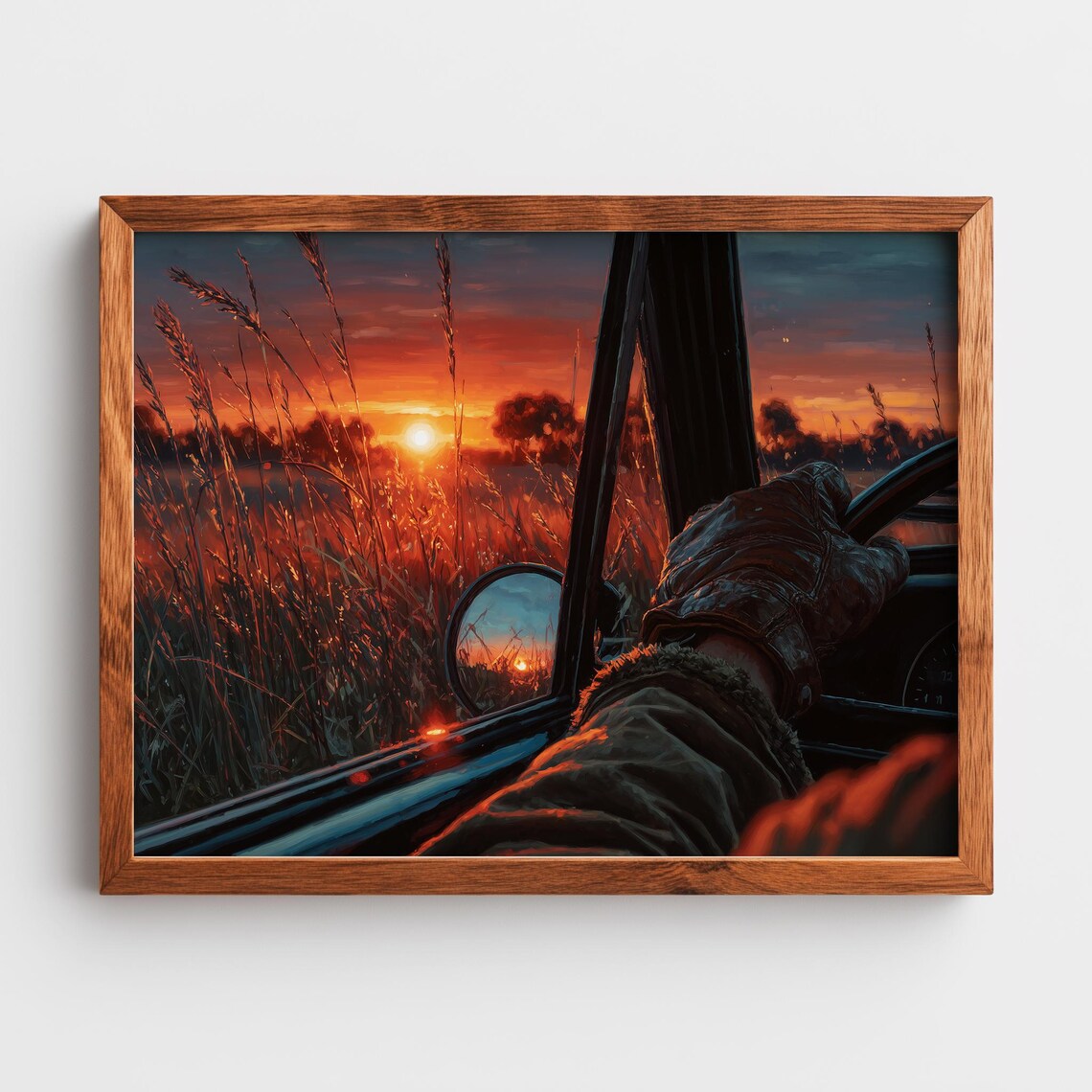 Sunrise Drive Gloved Hand Steering Wheel Moody Morning Road Wall Art